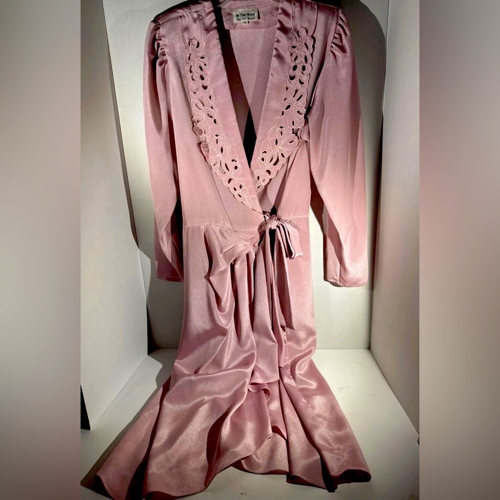 Pink Satin Lace-Trimmed Robe with Tie Belt